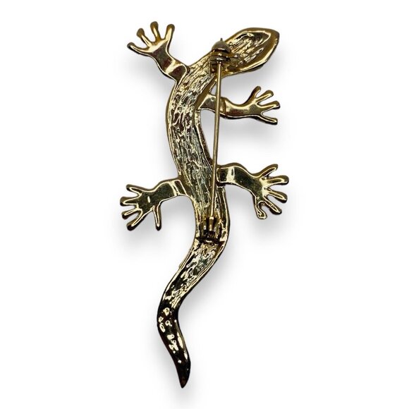 Vintage Rhinestone Gold Tone Gecko Brooch Pin w. Green Eyes - Picture 5 of 5
